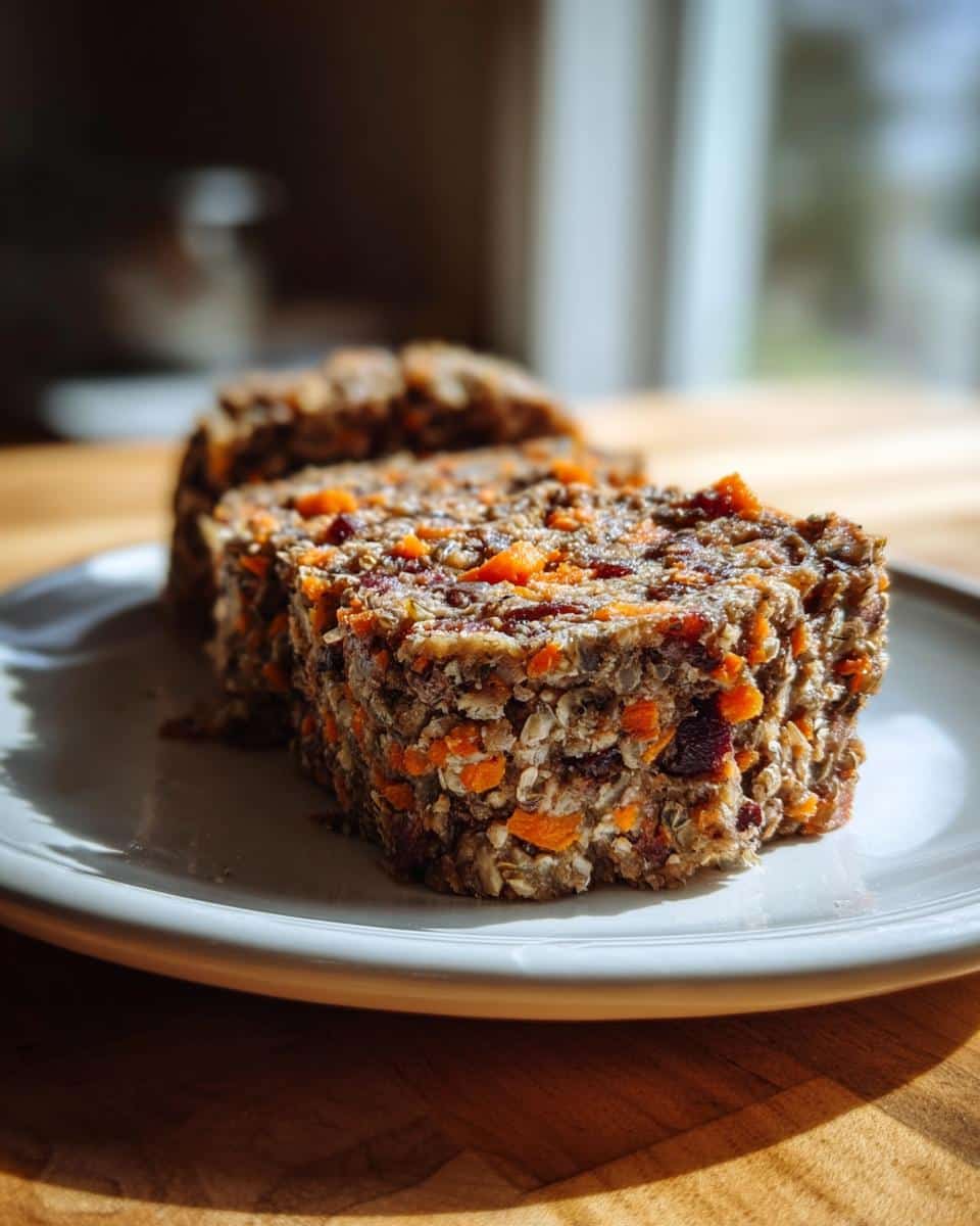 Close-up of three slices of homemade Beef Carrot Oat Dog Food Roll on a white plate.