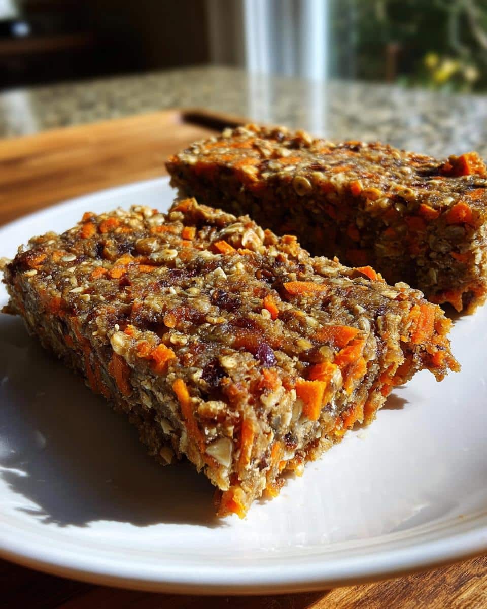 Close-up of two slices of homemade Beef Carrot Oat Dog Food Roll showing texture of oats and shredded carrots.