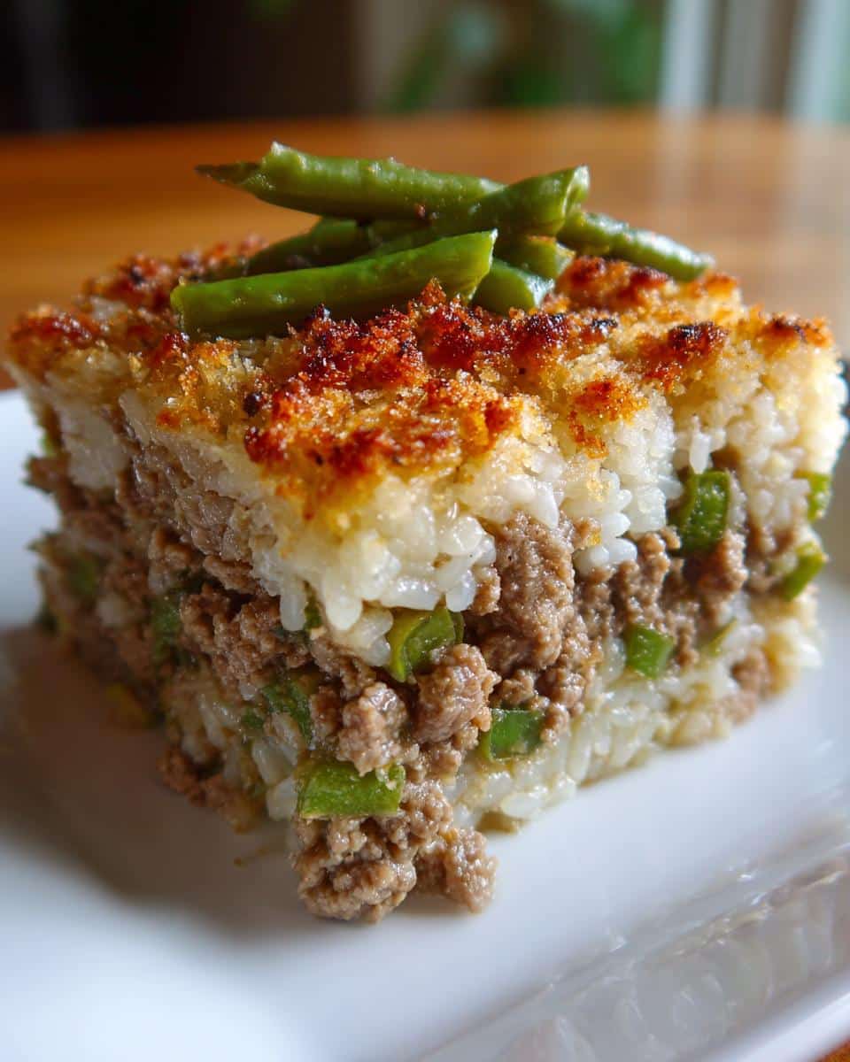 A square slice of homemade Beef, Rice, and Green Bean Casserole for Dogs with a crispy top and green bean garnish.