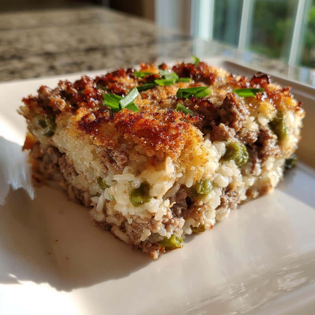 A square serving of Beef, Rice, and Green Bean Casserole for Dogs with a crispy, browned top.