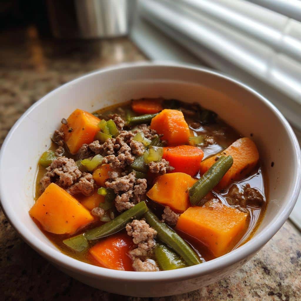 A close-up of Beef & Sweet Potato Soup for Dogs, featuring chunks of orange sweet potato, ground beef, and green beans in broth.
