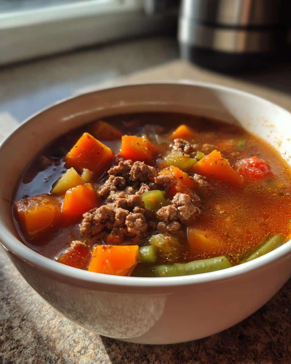Close-up of a white bowl filled with Beef & Sweet Potato Soup for Dogs, showing chunks of sweet potato and ground beef.