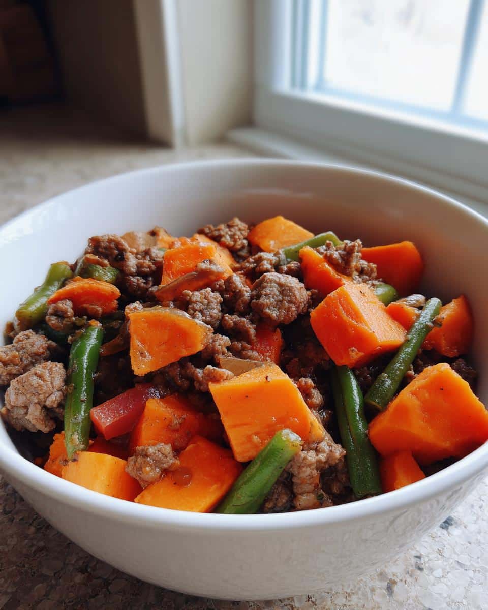 A white bowl filled with Beef & Sweet Potato Soup for Dogs, showing chunks of orange sweet potato, ground beef, and green beans.