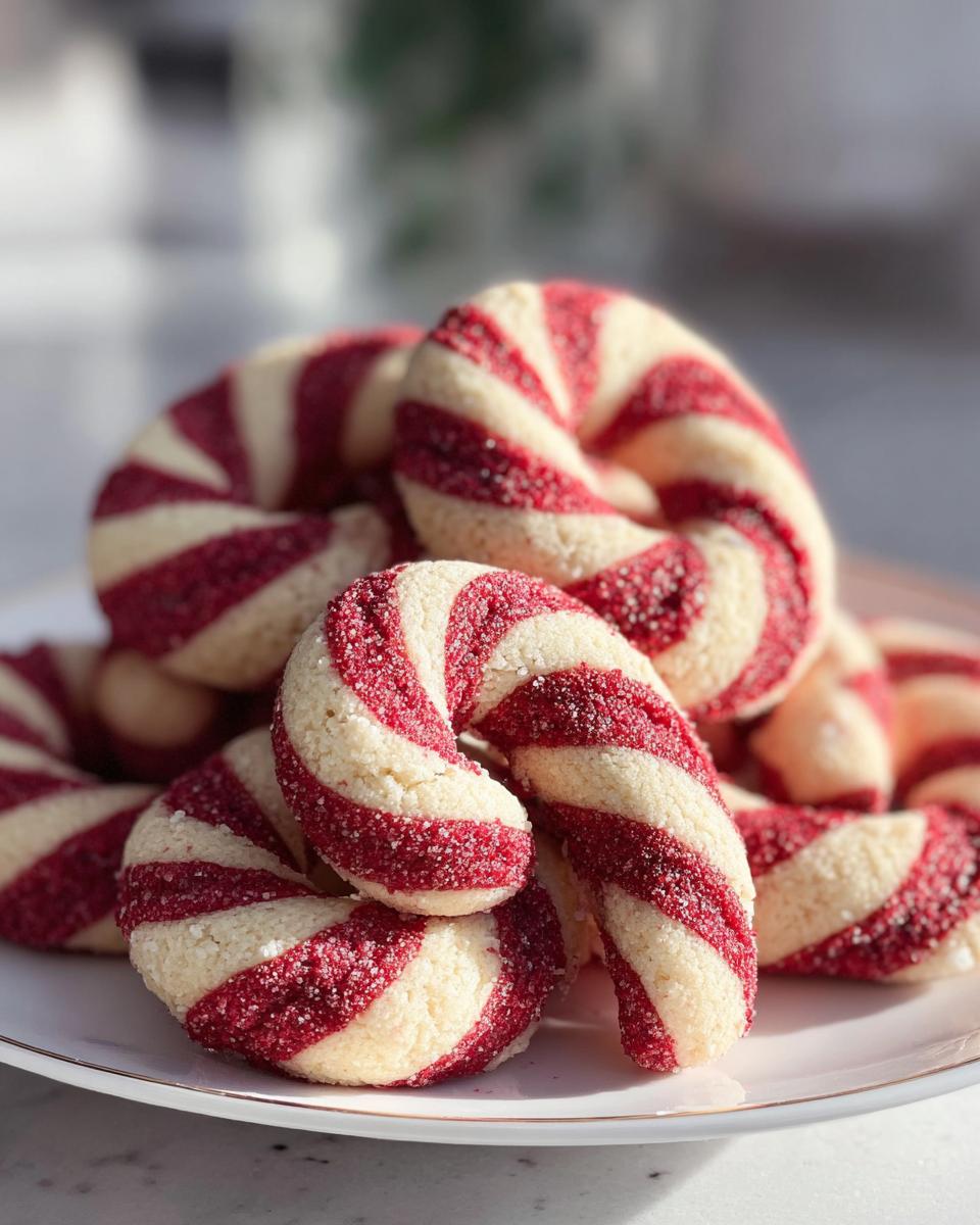 A close-up of several curved, red and white striped Beetroot Candy Cane Biscuits piled on a white plate.