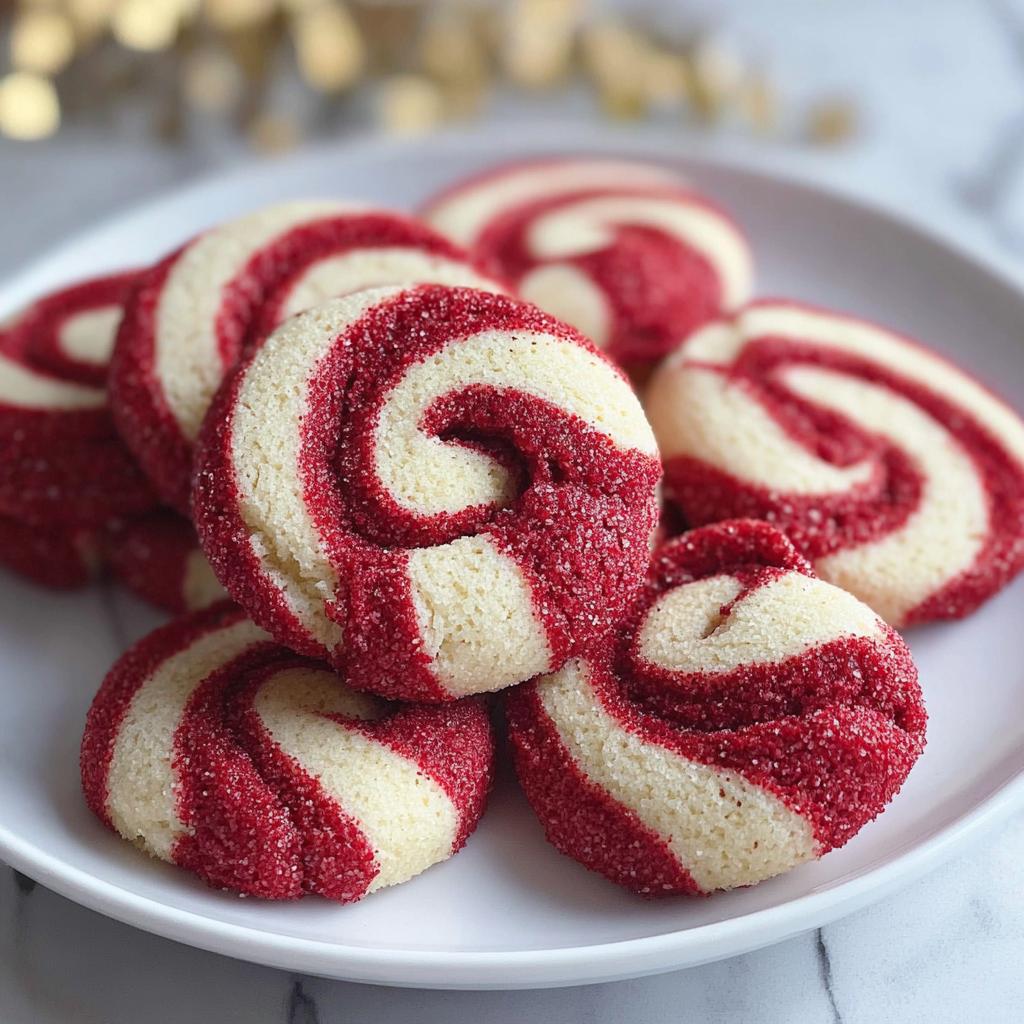 A stack of freshly baked Beetroot Candy Cane Biscuits featuring red and white swirl patterns, coated in red sugar.