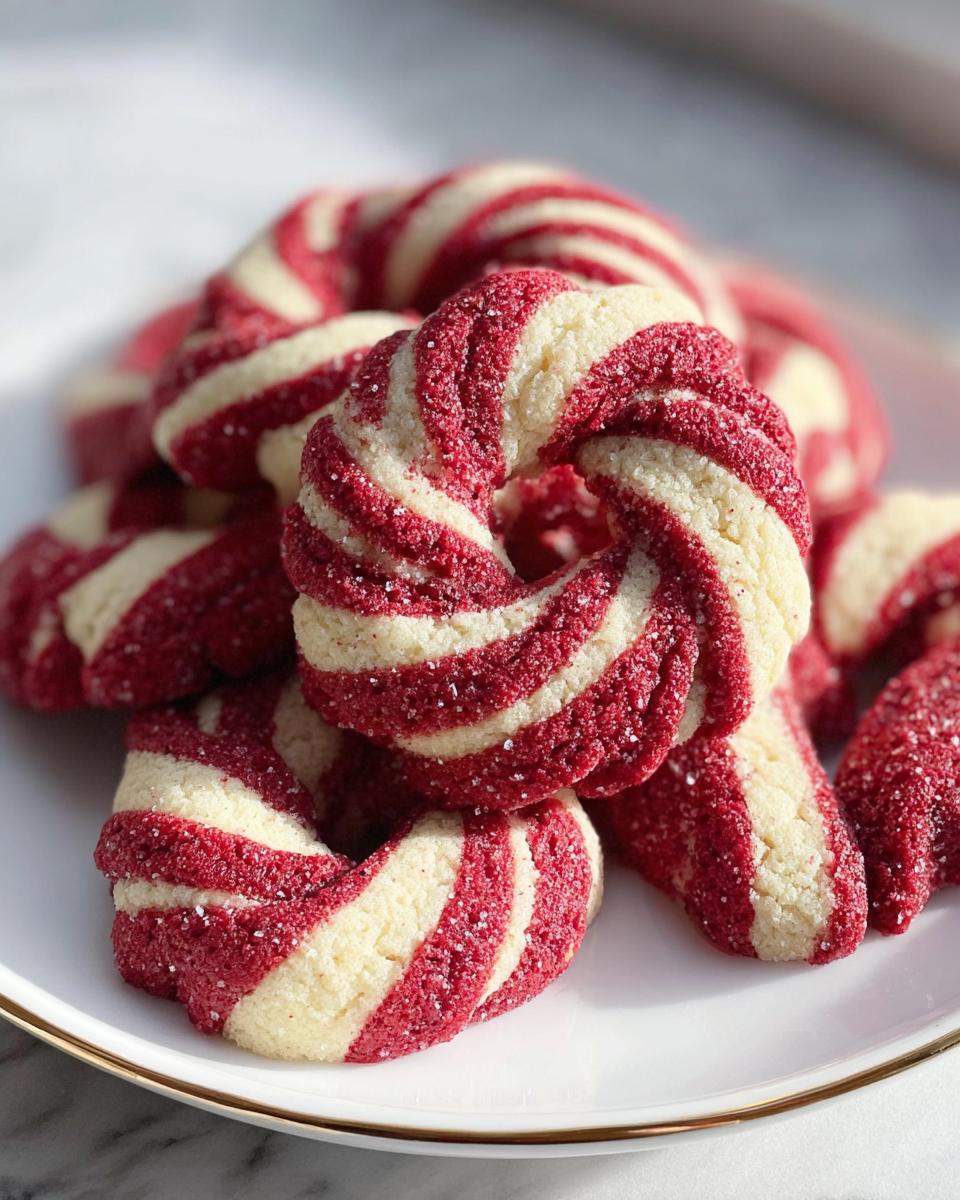 Close-up of swirled red and white Beetroot Candy Cane Biscuits, coated in sugar, piled on a white plate.