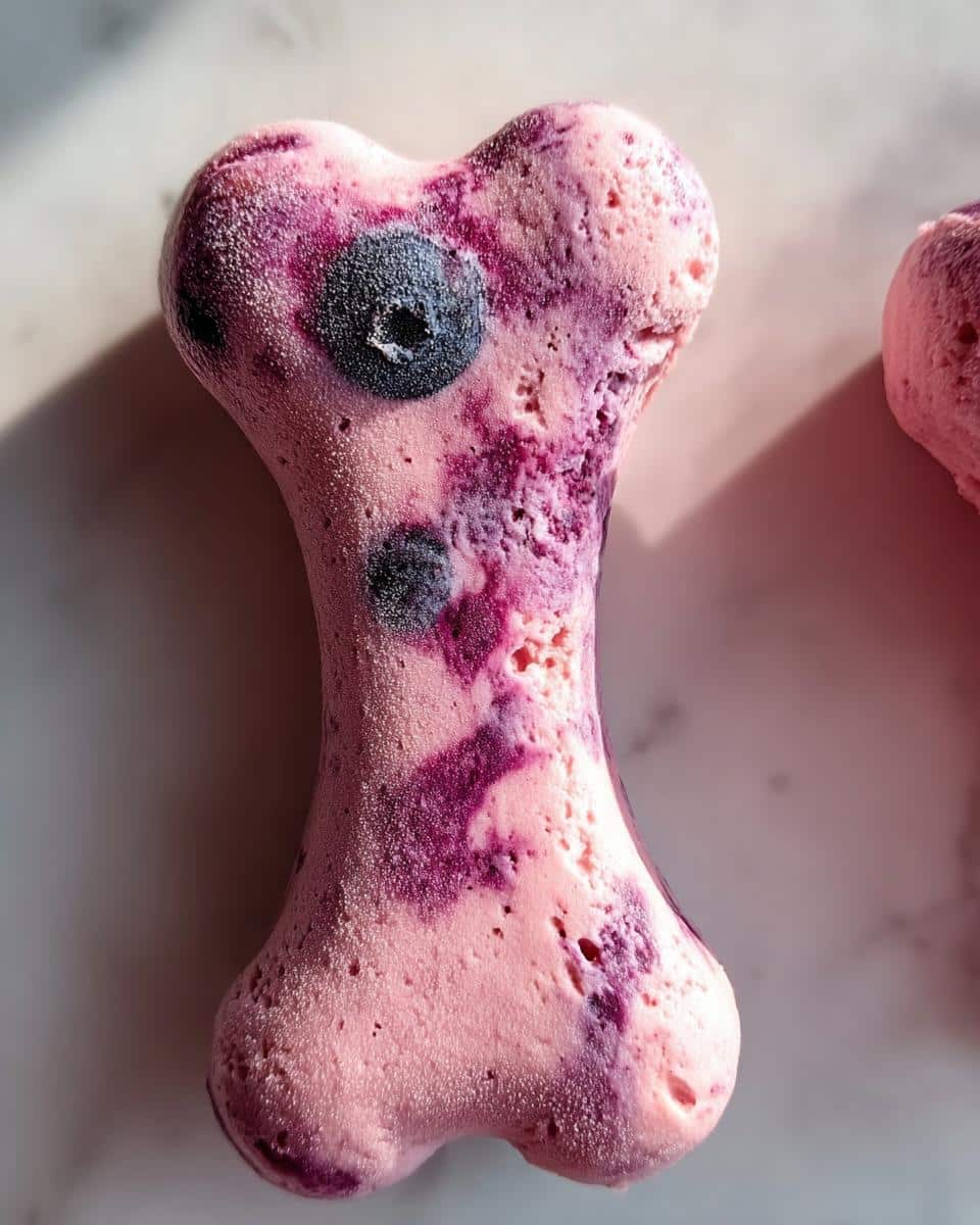 Close-up of a frozen, bone-shaped Berry Pumpkin Swirl Yogurt Bones treat with visible blueberry pieces.