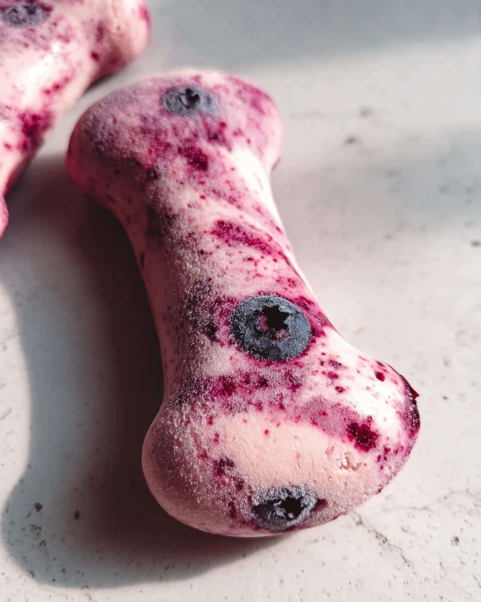 Close-up of a frozen, bone-shaped Berry Pumpkin Swirl Yogurt Bones treat with visible blueberry swirls.