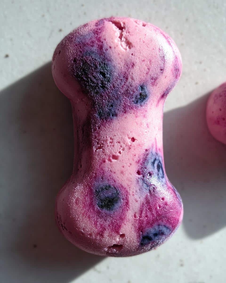 A single, bone-shaped Berry Pumpkin Swirl Yogurt Bones treat showing pink and deep purple swirls.