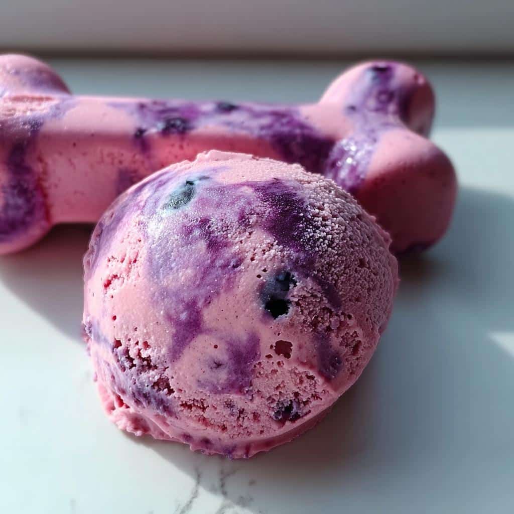 Close-up of a scoop of pink and purple swirled Berry Pumpkin Swirl Yogurt Bones mixture next to a frozen bone shape.