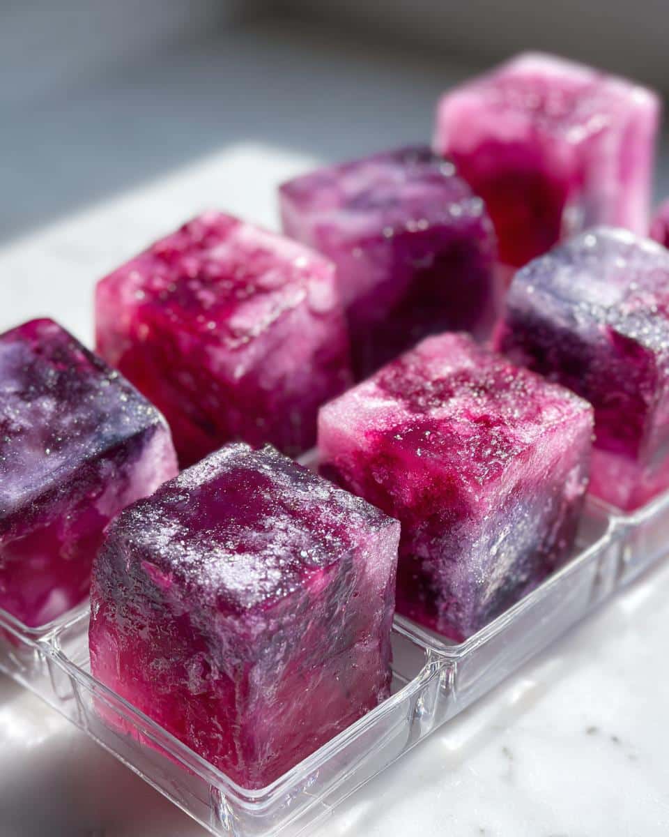 Close-up of vibrant, jewel-toned Berry Yogurt Frozen Dog Treats cubes in a clear plastic tray.