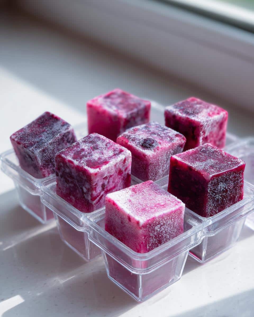 Close-up of frozen Berry Yogurt Frozen Dog Treats cubes in a clear plastic ice cube tray, dusted with frost.