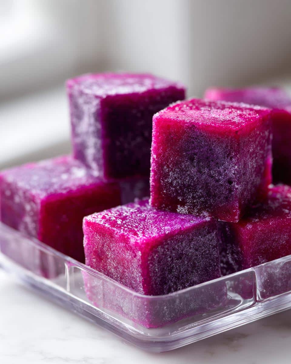 Close-up of vibrant, deep purple Berry Yogurt Frozen Dog Treats cubes stacked in a clear container.