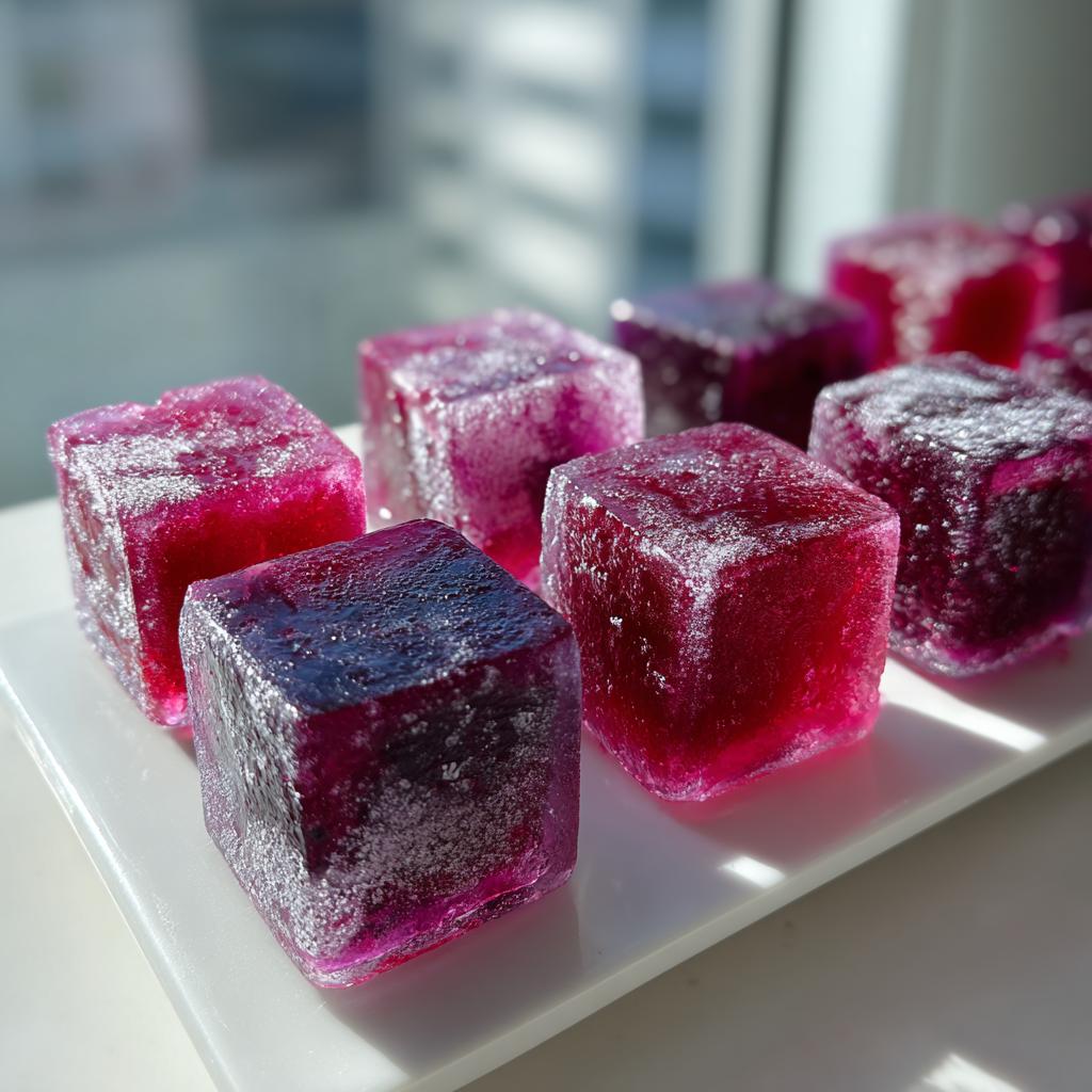 Close-up of vibrant, deep pink and purple Berry Yogurt Frozen Dog Treats shaped like ice cubes on a white tray.