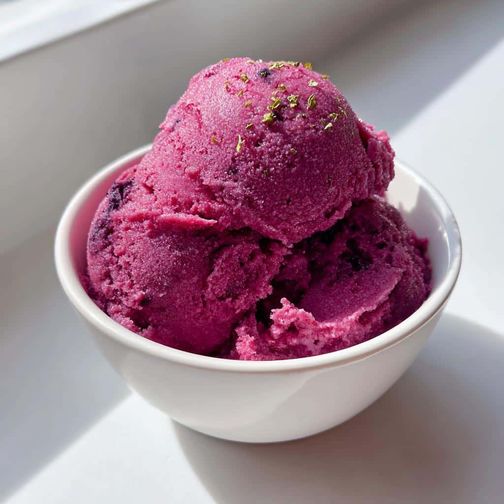 Three scoops of vibrant purple Blueberry Basil frozen dog sorbet topped with finely chopped green herbs in a white bowl.