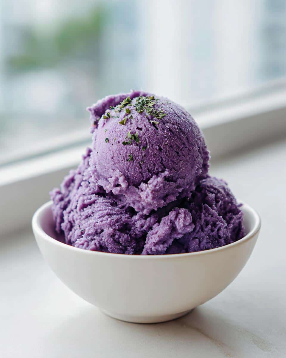 Two scoops of vibrant purple Blueberry Basil frozen dog sorbet topped with dried green herbs in a white bowl.