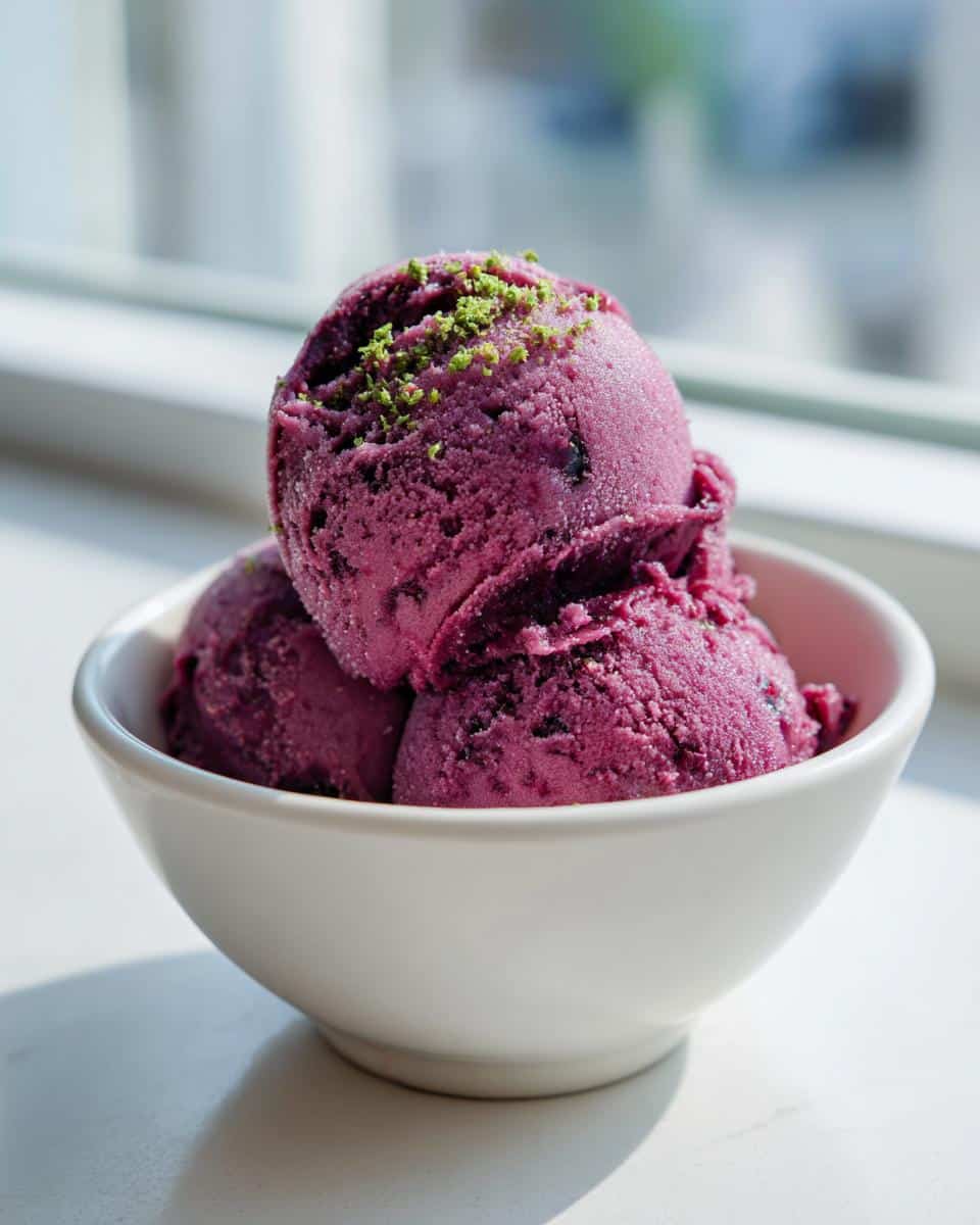 Three scoops of vibrant purple Blueberry Basil frozen dog sorbet topped with green sprinkles in a white bowl.