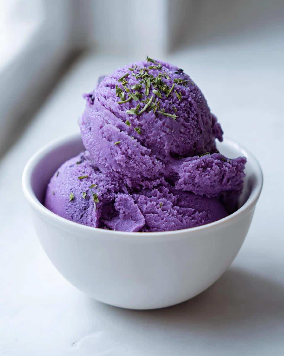 Two scoops of vibrant purple Blueberry Basil frozen dog sorbet topped with finely chopped green herbs in a white bowl.