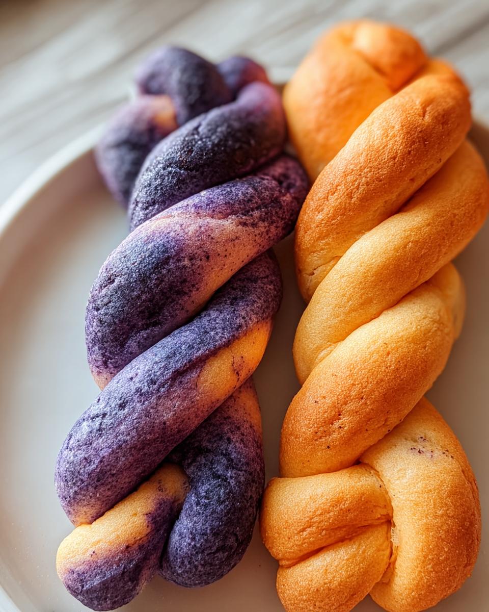 Two braided dog treats, one marbled purple and orange, next to a solid orange one, representing Blueberry & Carrot Twists for Dogs.