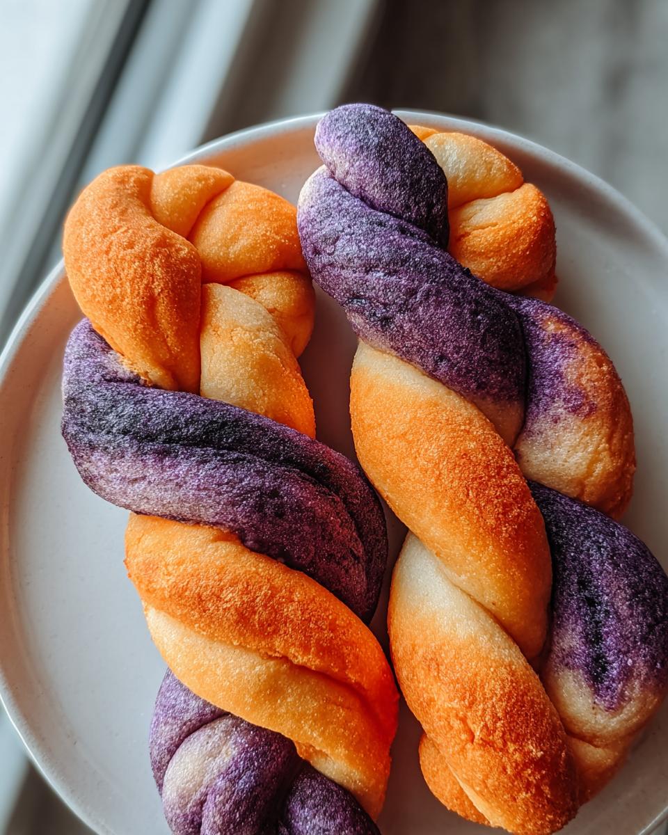 Two braided Blueberry & Carrot Twists for Dogs, featuring vibrant orange and purple dough twists on a white plate.
