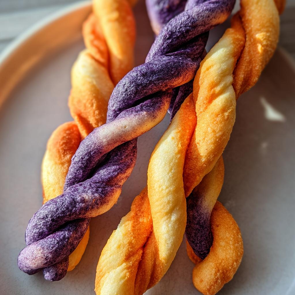 Close-up of vibrant orange and purple twisted dog treats, representing Blueberry & Carrot Twists for Dogs.