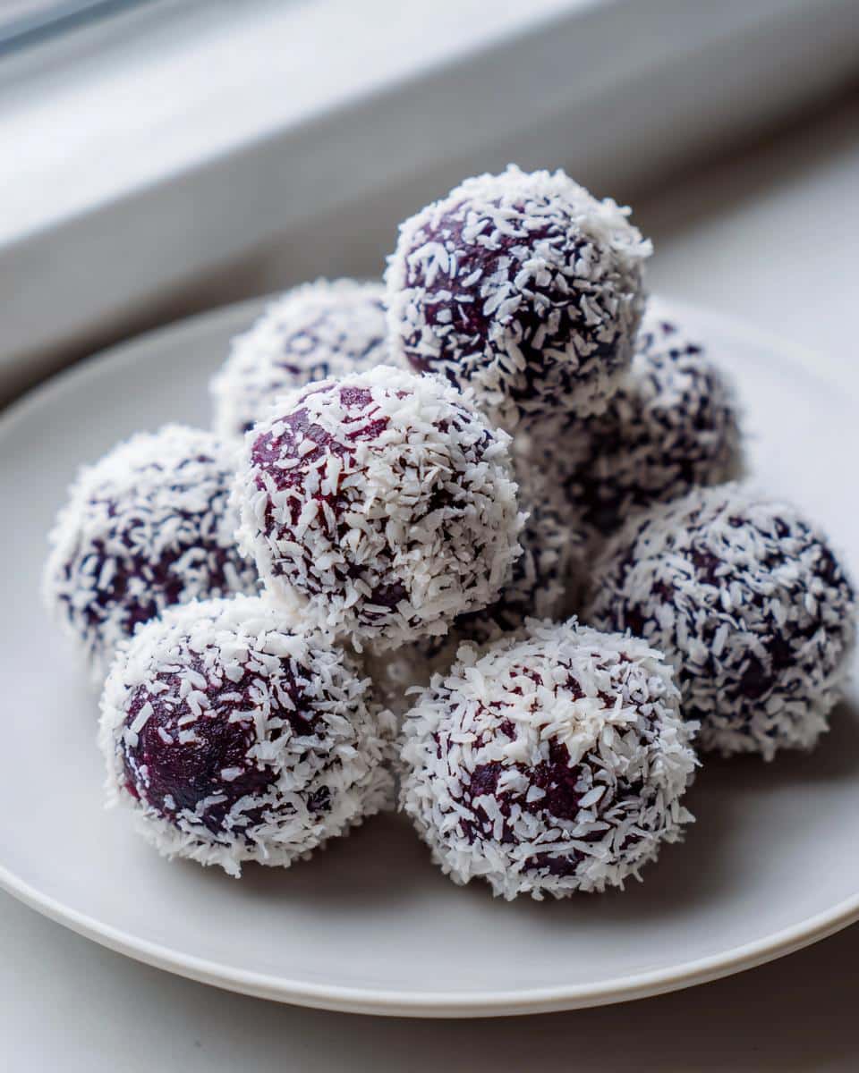 Close-up of a pile of rich purple Blueberry & Coconut Frozen Balls coated in shredded white coconut flakes.