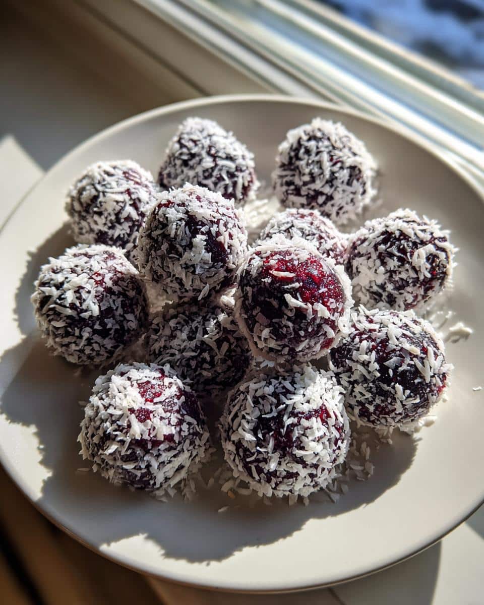 A pile of dark red Blueberry & Coconut Frozen Balls rolled in shredded white coconut flakes on a light plate.