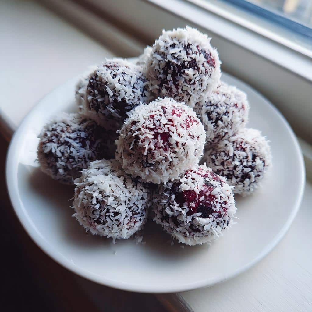 A stack of rich, dark Blueberry & Coconut Frozen Balls coated heavily in shredded white coconut.