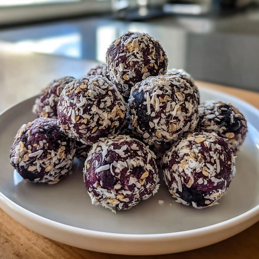 A close-up stack of dark purple Blueberry & Oat Antioxidant Chews rolled in shredded coconut and oats.