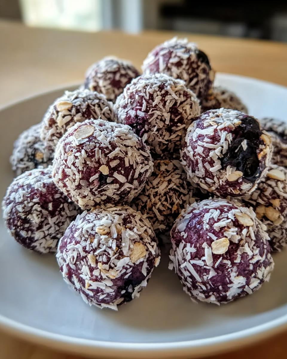 A close-up of several dark purple Blueberry & Oat Antioxidant Chews rolled in shredded coconut, piled on a white plate.