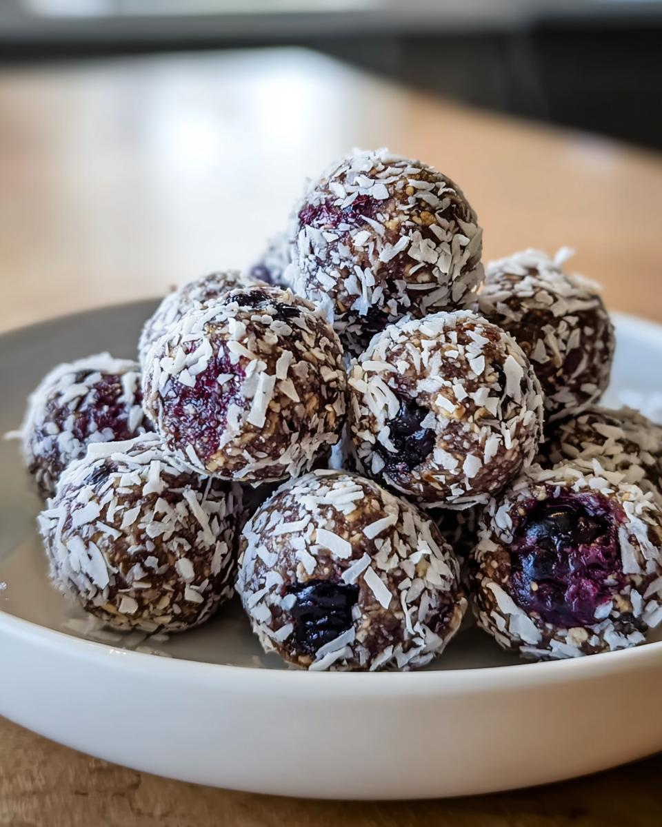 A stack of homemade Blueberry & Oat Antioxidant Chews rolled in shredded coconut, served on a white plate.