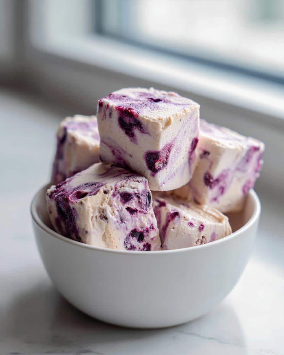 A white bowl filled with stacked, frozen, marbled cubes of Blueberry & Peanut Butter Frozen Swirl Bites for Dogs.