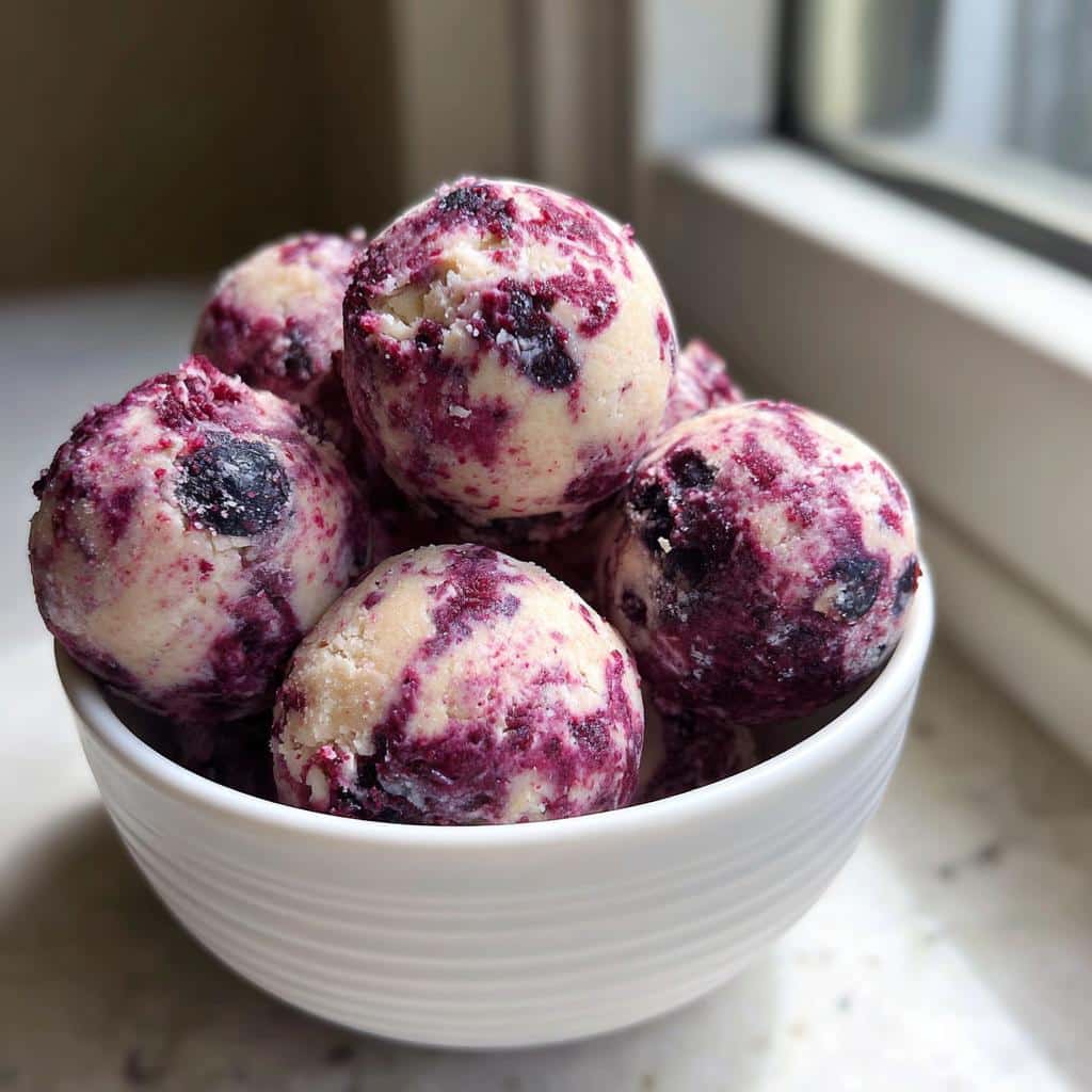 A white bowl filled with frozen Blueberry & Peanut Butter Frozen Swirl Bites for Dogs, showing purple swirls.
