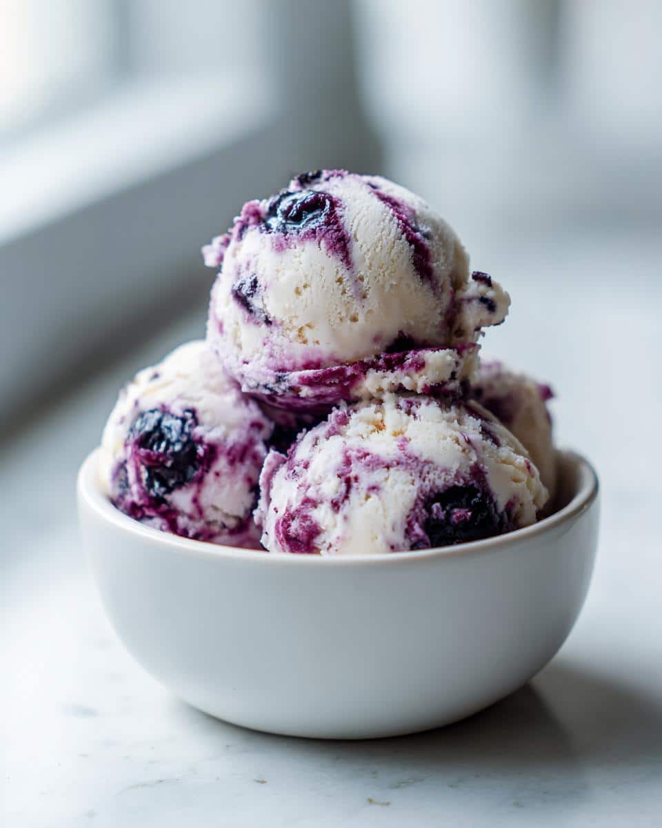 Scoops of creamy white and purple swirled Blueberry & Peanut Butter Frozen Swirl Bites for Dogs in a white bowl.