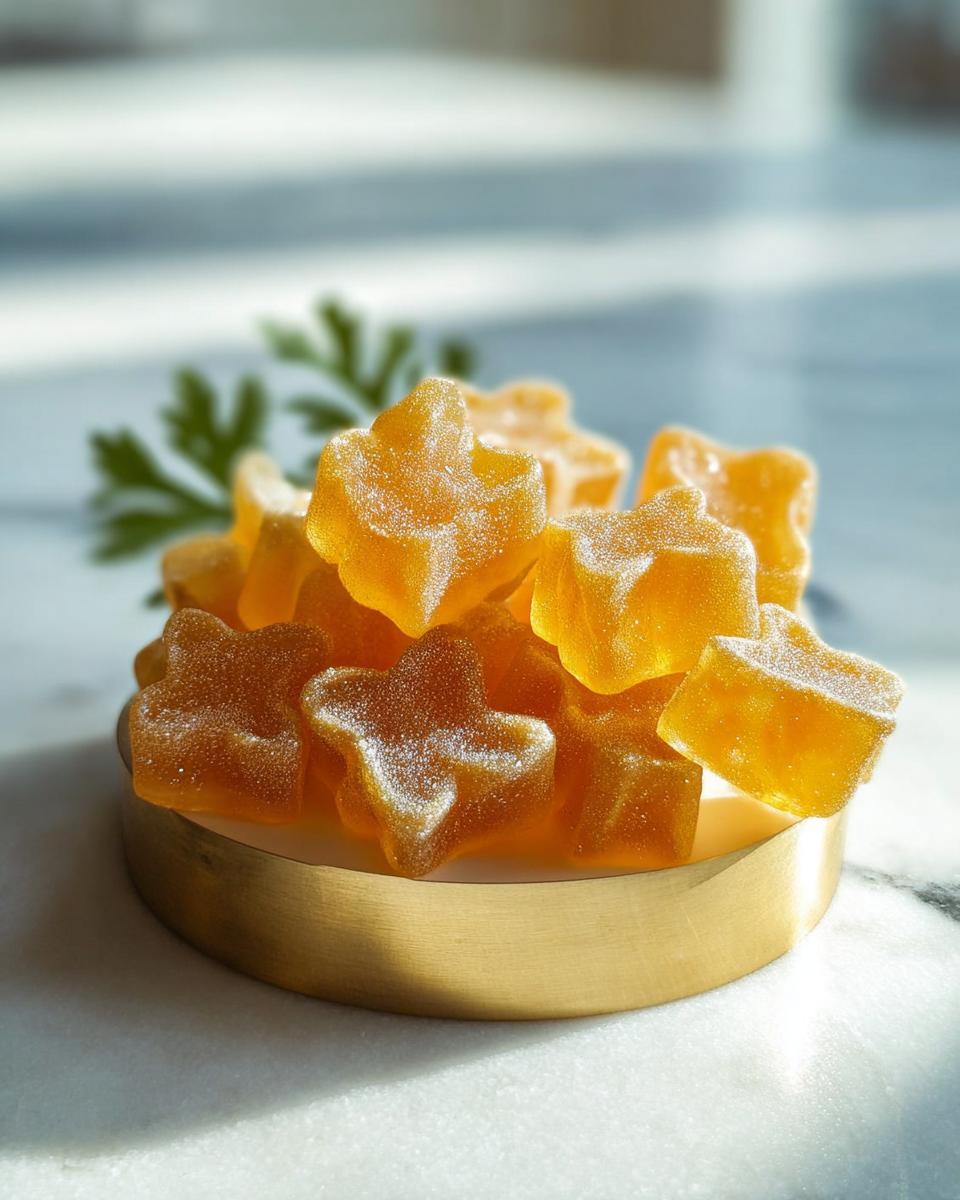 A pile of amber-colored, star-shaped Bone Broth Gummy treats lightly dusted with sugar in a small gold dish.