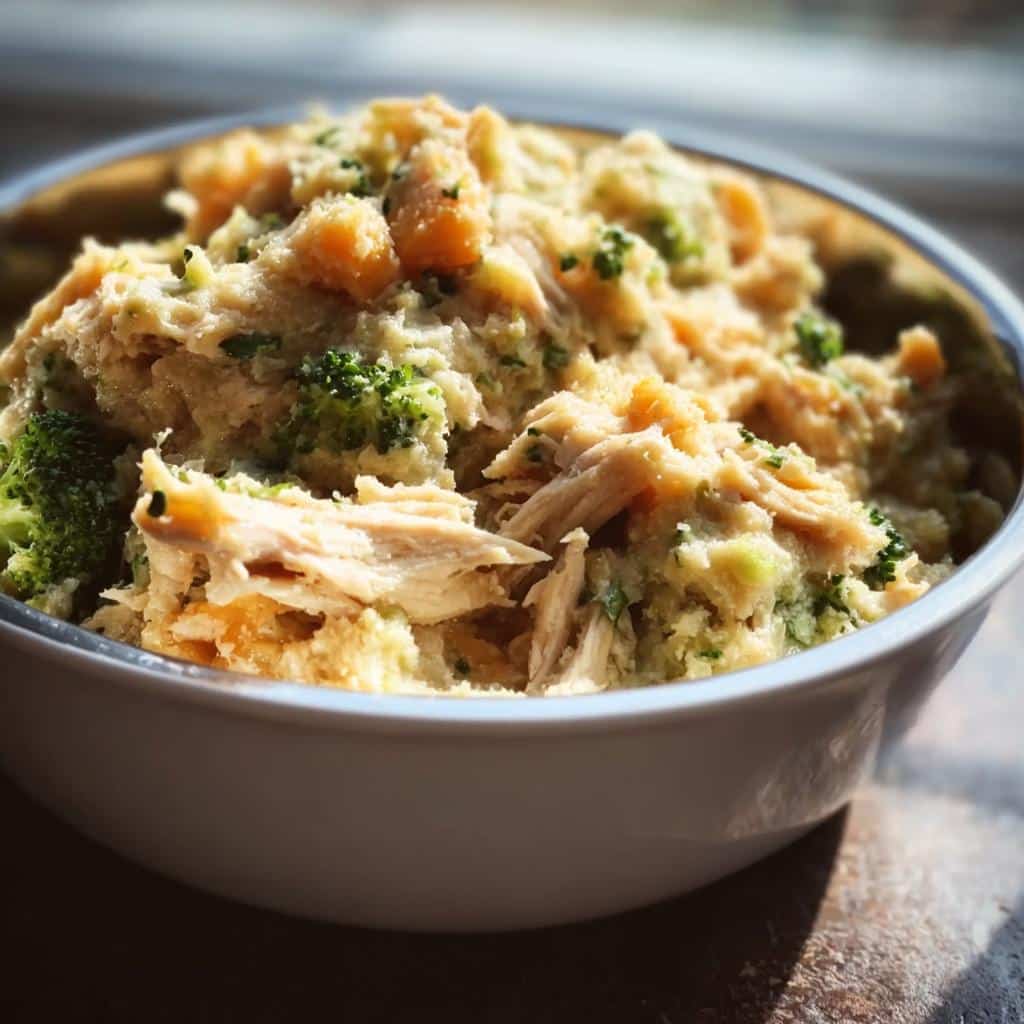 A close-up of a white bowl filled with homemade Bowl Chicken and Vegetable Mash for Dogs, showing shredded chicken, mashed sweet potato, and broccoli florets.