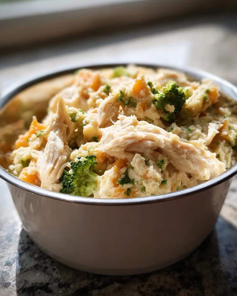 Close-up of a white bowl filled with Bowl Chicken and Vegetable Mash for Dogs, featuring shredded chicken and broccoli florets.