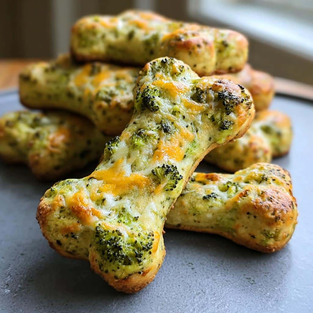 Close-up of baked Broccoli Cheese Bone for Dogs treats topped with melted cheddar and mozzarella cheese.