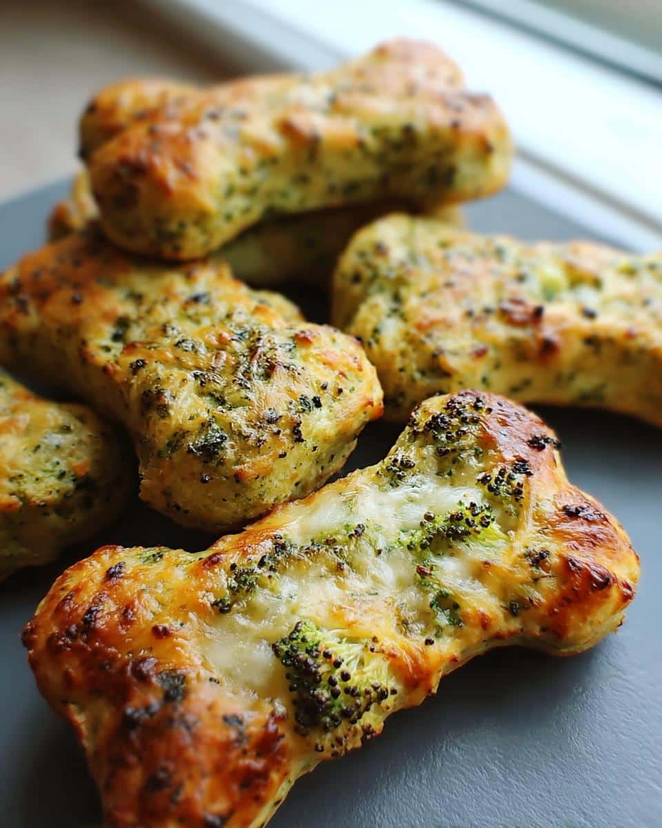Close-up of freshly baked Broccoli Cheese Bone for Dogs treats with melted cheese and visible broccoli florets.