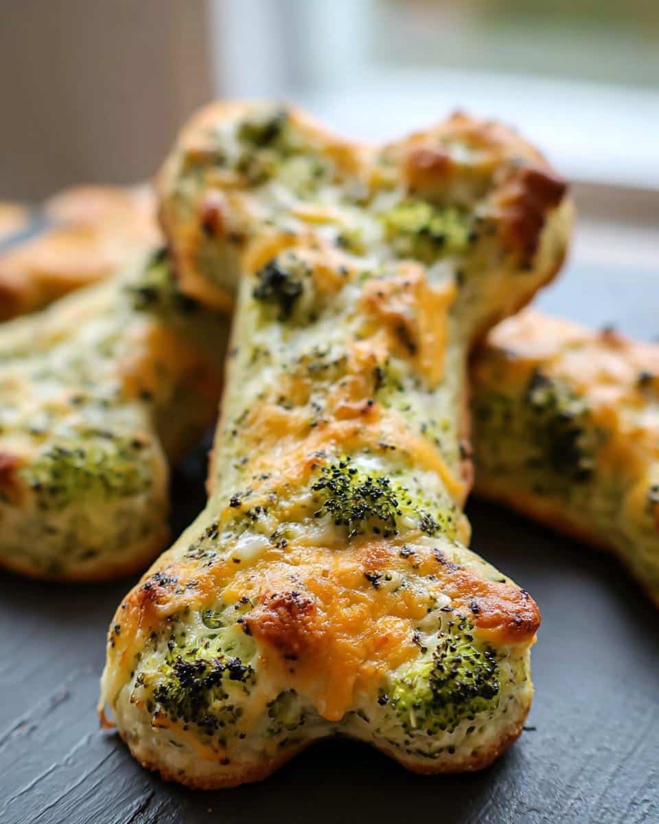 Close-up of a freshly baked, bone-shaped Broccoli Cheese Bone for Dogs treat topped with melted cheddar.