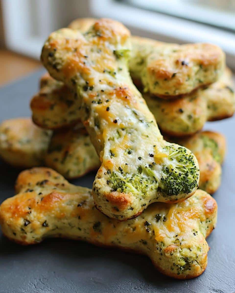 A stack of freshly baked, bone-shaped Broccoli Cheese Bone for Dogs treats topped with melted cheese and visible broccoli florets.