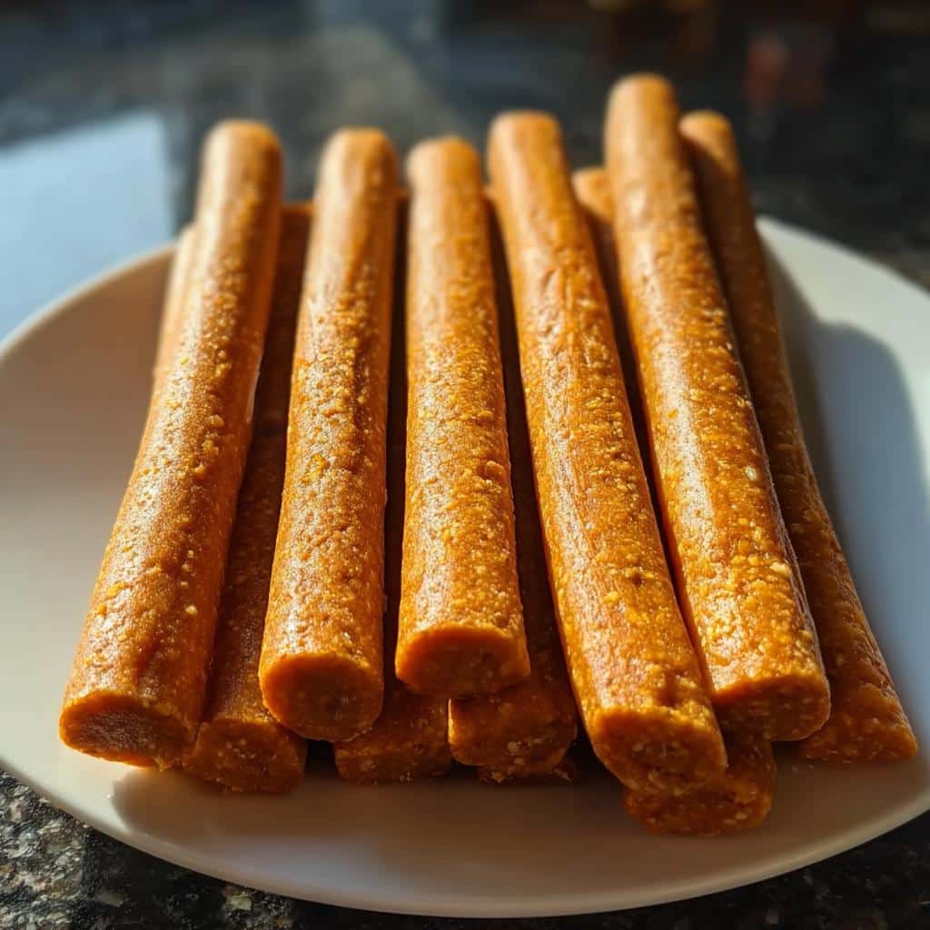 A pile of homemade Carrot and Pumpkin Snack Sticks for Dogs arranged on a white plate in bright light.