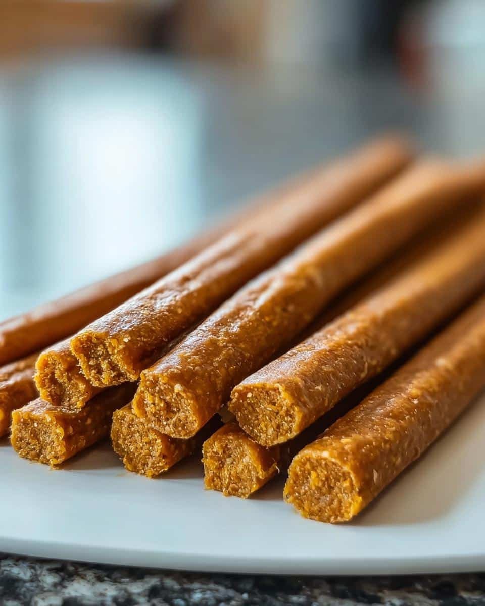 Close-up of several homemade Carrot and Pumpkin Snack Sticks for Dogs stacked on a white plate.