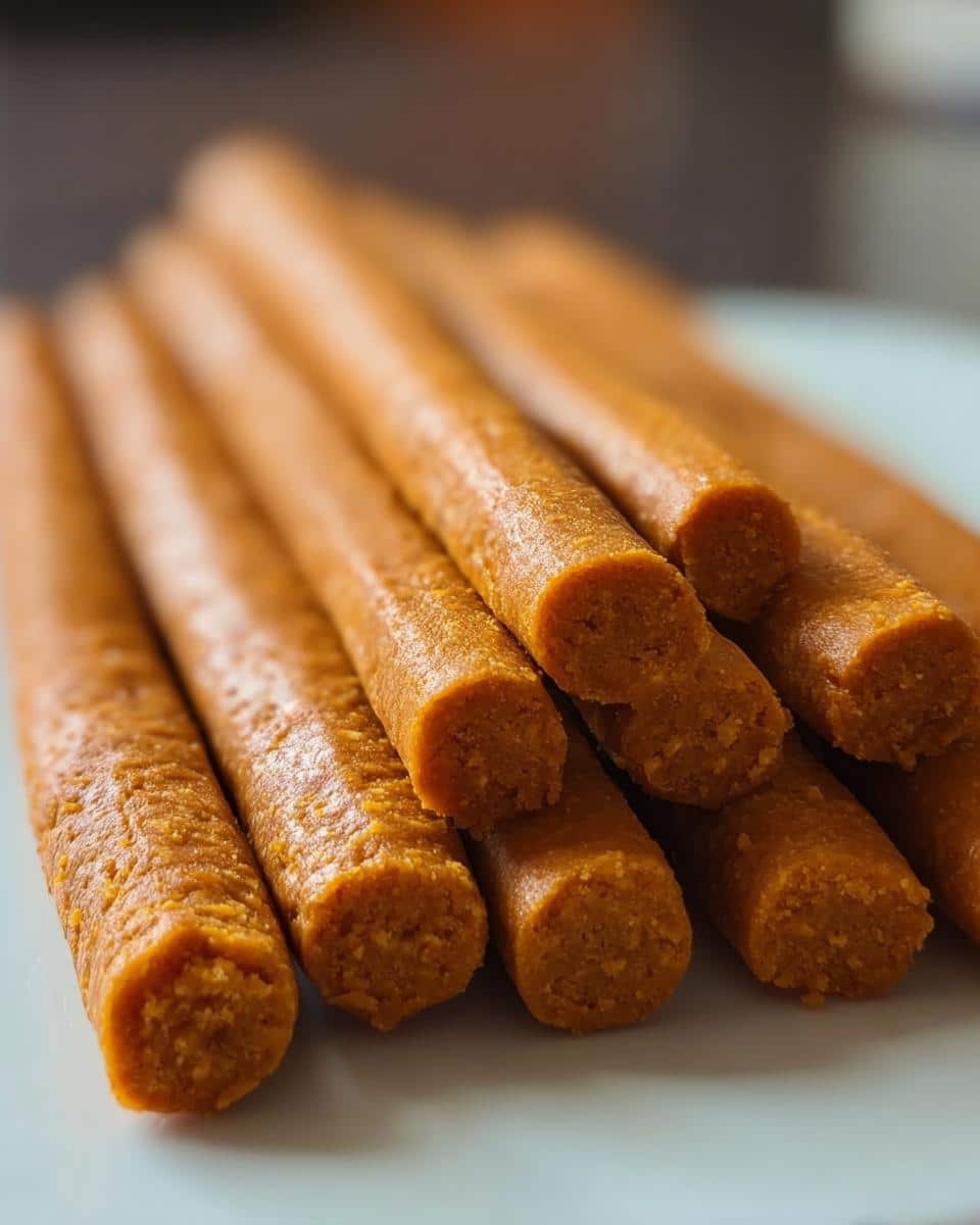 Close-up of several bright orange, cylindrical Carrot and Pumpkin Snack Sticks for Dogs stacked on a white plate.