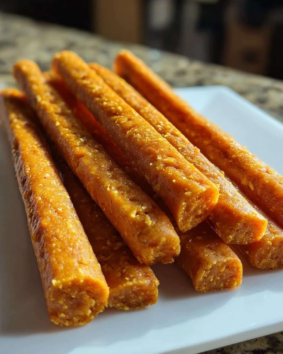 A stack of bright orange, firm Carrot and Pumpkin Snack Sticks for Dogs resting on a white plate.