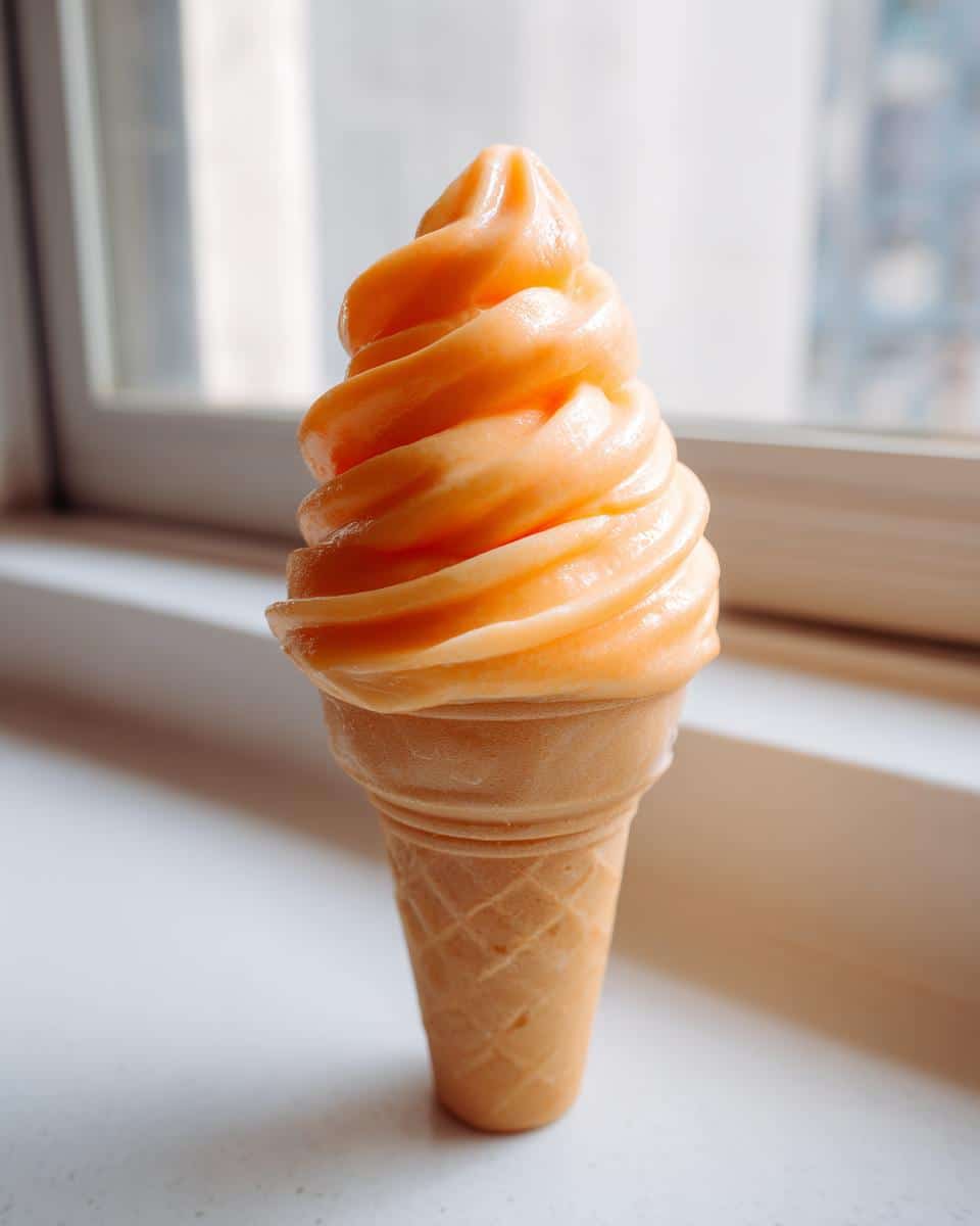 A vibrant orange soft-serve treat, resembling Carrot Apple Frozen Swirl Bones, served in a waffle cone.