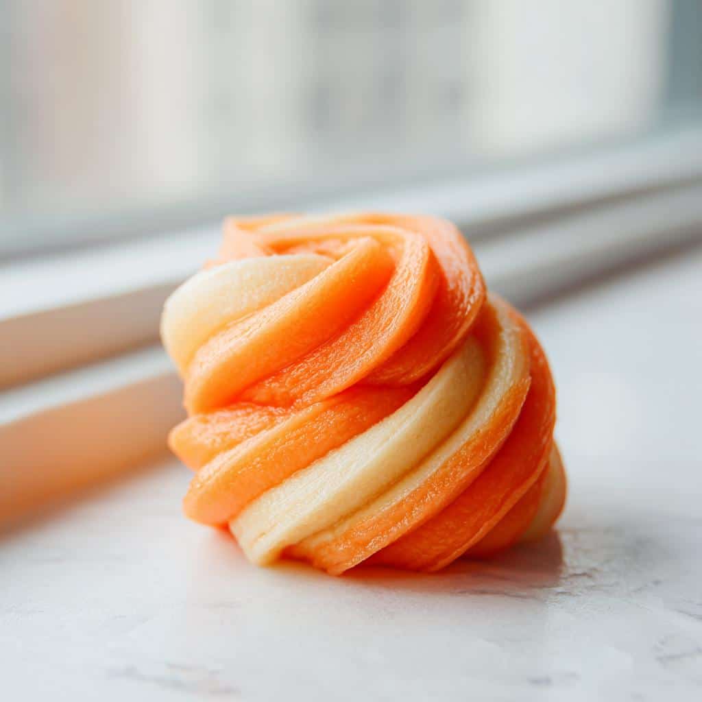 Close-up of a single, brightly colored Carrot Apple Frozen Swirl Bones treat, showing orange and pale yellow swirls.