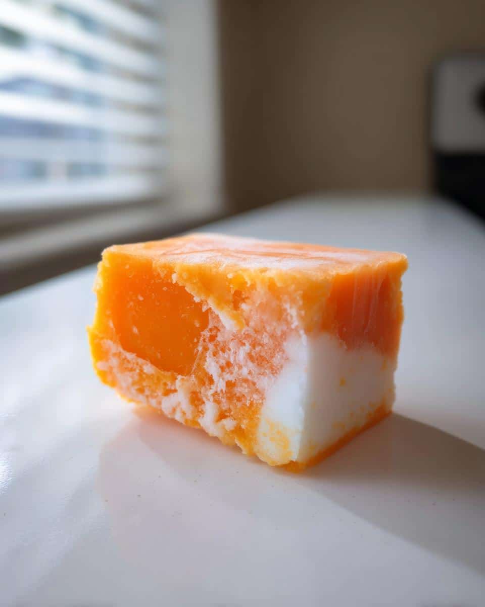 A single, square, frozen Carrot & Apple Frozen Treats for Dogs cube showing orange and white layers on a white surface.