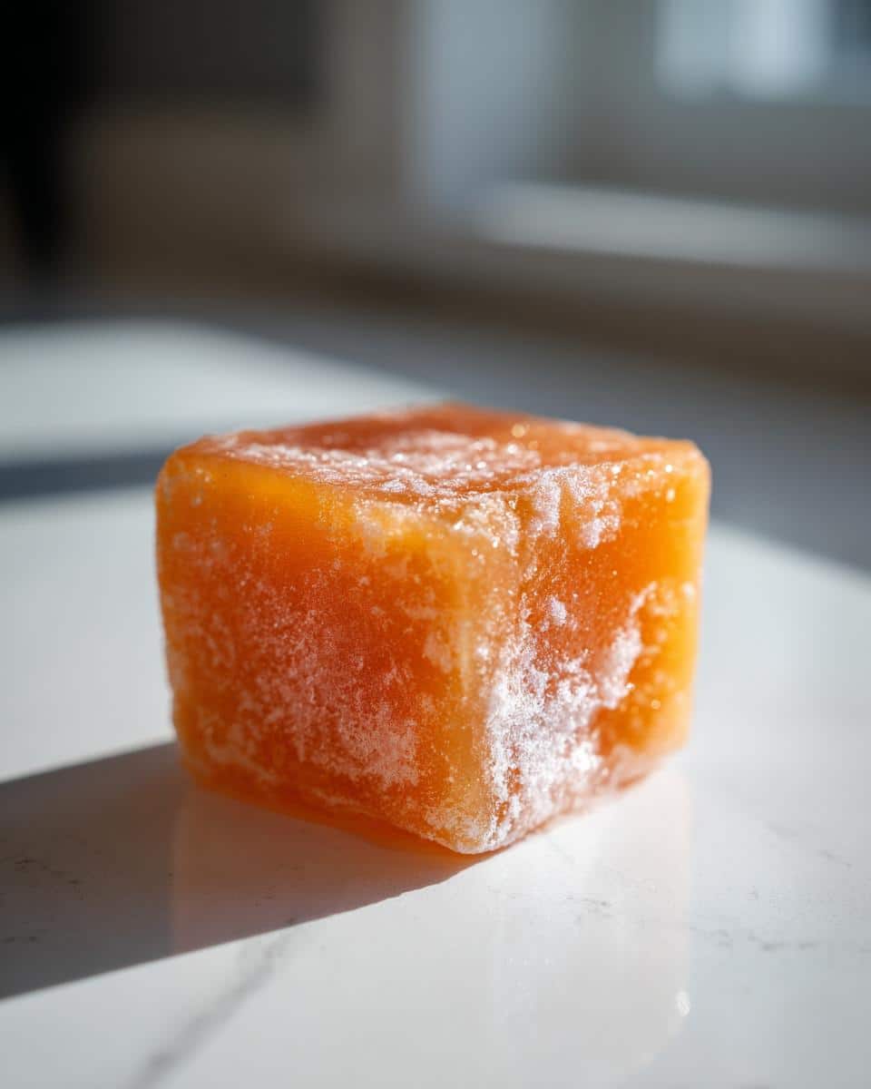 Close-up of a single, bright orange, cube-shaped Carrot & Apple Frozen Treats for Dogs, lightly frosted.