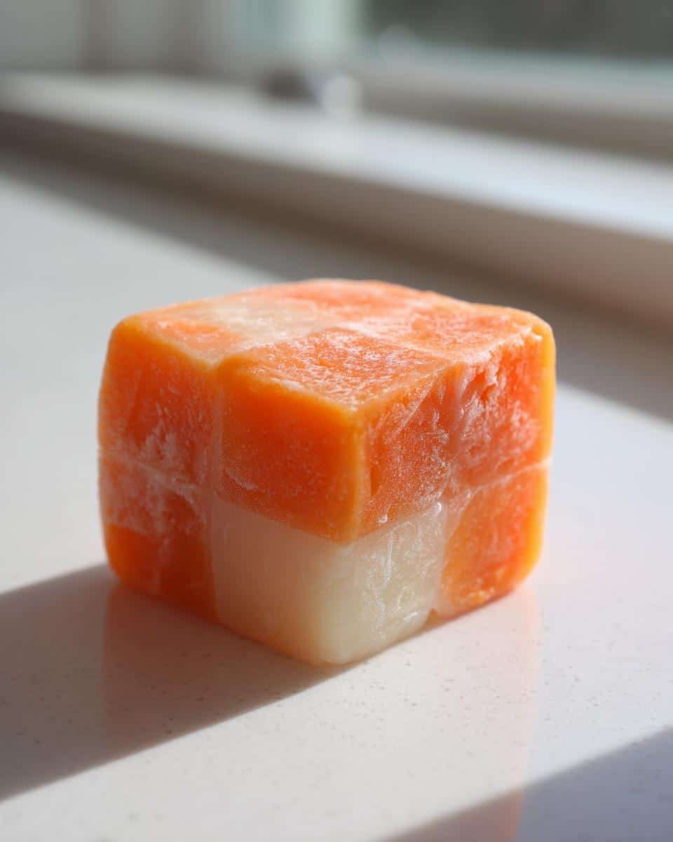 A single, frozen, two-layered cube treat featuring bright orange carrot mixture and a white layer, perfect for Carrot & Apple Frozen Treats for Dogs.